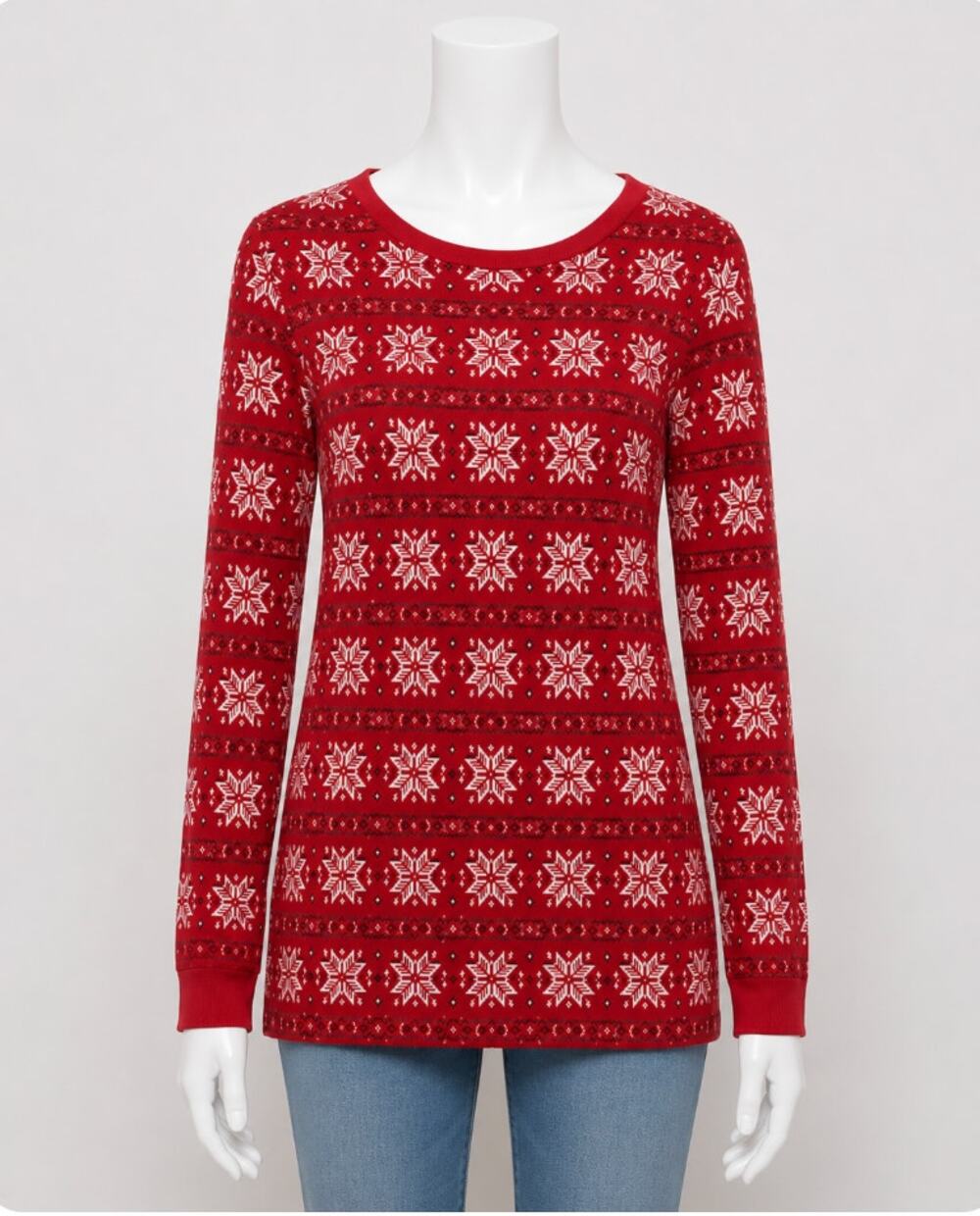 Red & White Fuzzy Snowflake Ugly Holiday Christmas Sweater Front Pockets Small